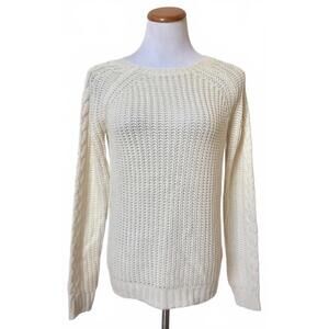 NEW Mak B. Ivory Cable Knit Wool Blend Sweater Long Sleeve Crew Neck Pullover S